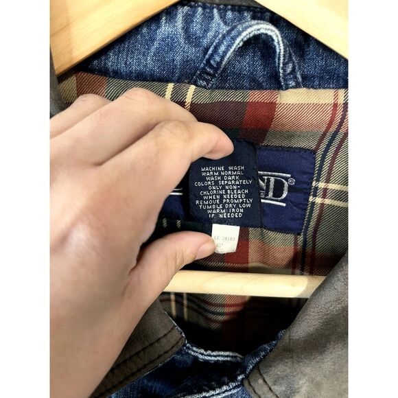 Vintage Land's End Denim Chore Jacket Plaid Lined with Leather Collar Size Large - Picture 9 of 9